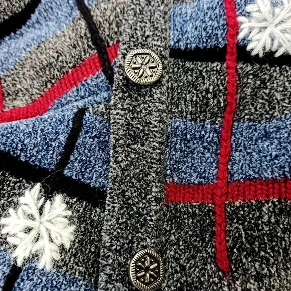 VINTAGE Knit Cardigan Hand Embroidered Holiday Snowflake Gray Red Size L - Picture 5 of 12